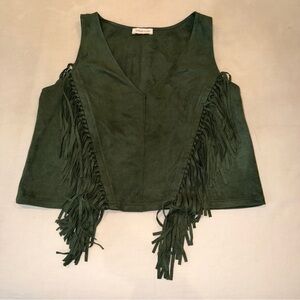 Suede Green Fringe Sleeveless Top